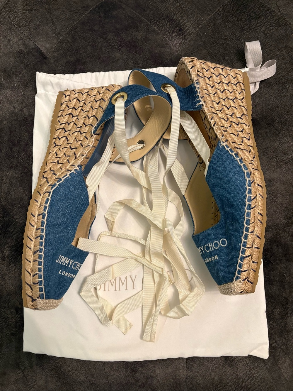 Jimmy Choo Denim Espadrille Wedge with Cream Ankle Ribbon - Picture 4 of 5